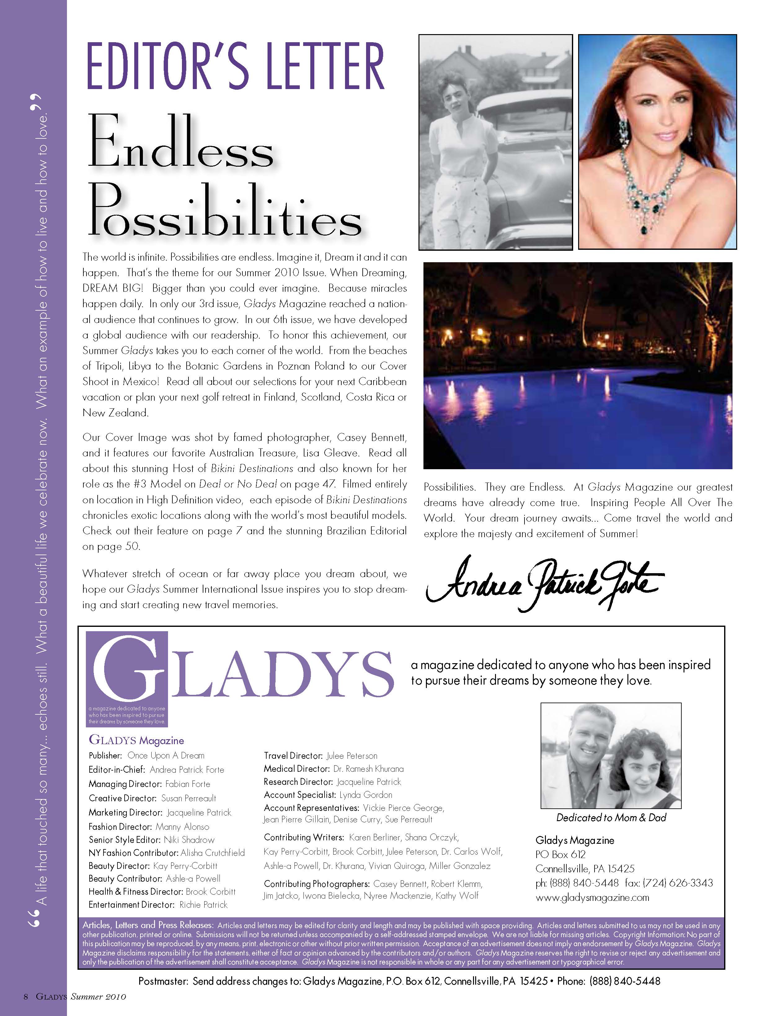 Summer 2010 Editors Letter Gladys Magazine 